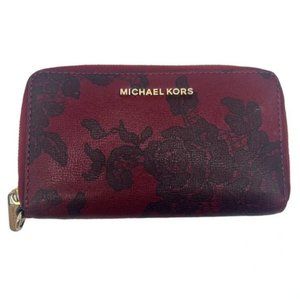 🔴FIRM Michael Kors Red w/ Black Floral Design Zip Wallet 7x4